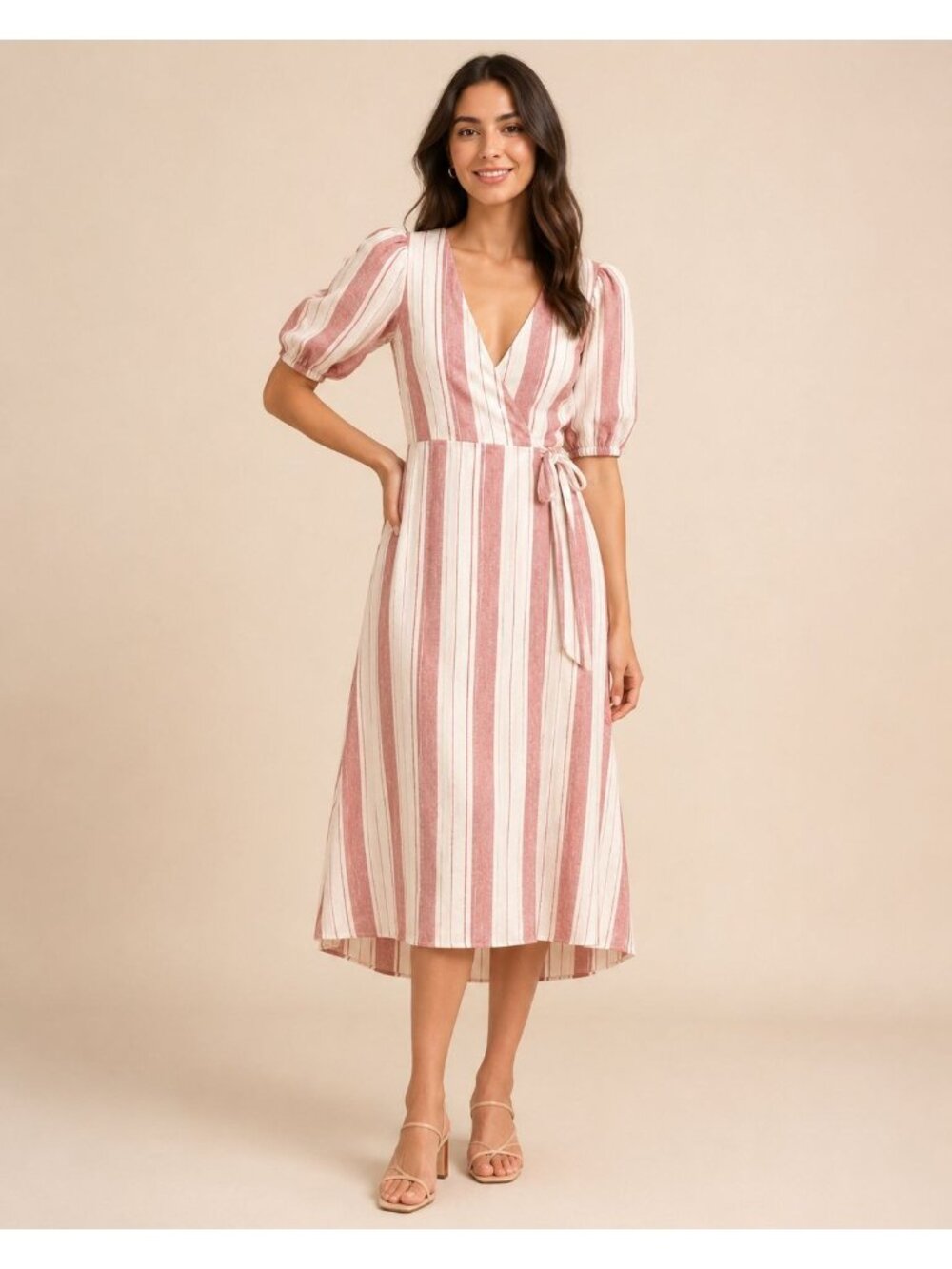Reformation Womens Red & White Striped Linen Wrap Dress Medium With Puff Sleeves